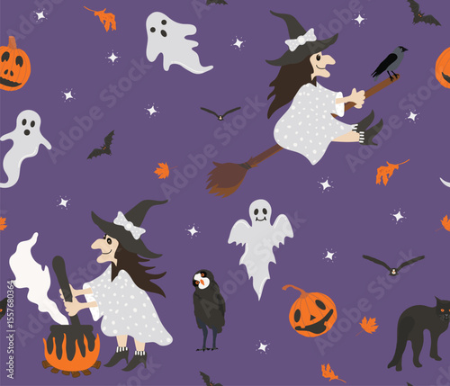 Spooky, retro style halloween seamless pattern with witches, ghosts, curved pumpkins, bats, raven, owl, black cat on dark purple background