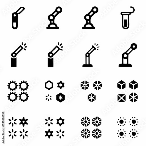 Illustration of various industrial robot arms, gears, geometric shapes, and test tubes in black and white