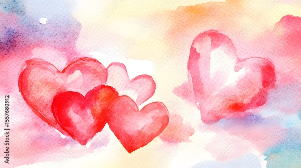 Obraz premium Romantic Watercolor Hearts Painting Abstract Art