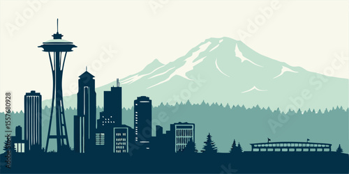 Kent WA Skyline Vector - Mount Rainier & Sounder Station