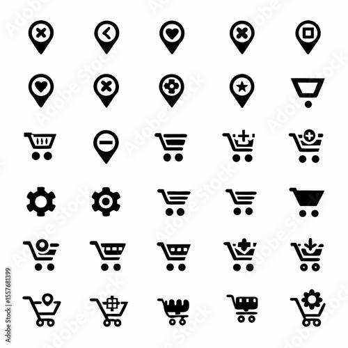Collection of various black shopping cart and location pin icons with different symbols and styles set on white