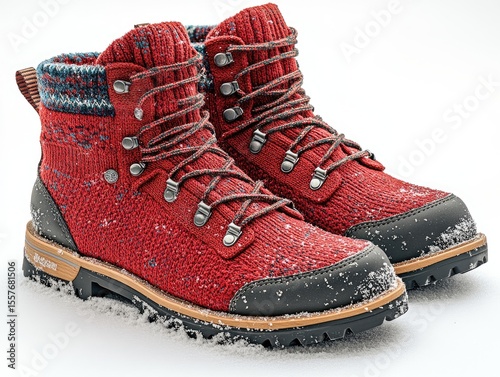 Stylish red winter boots with a knitted upper and durable sole