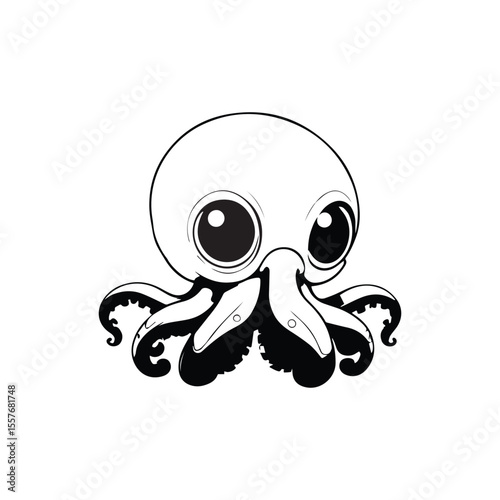 Cute Baby Octopus with Big Eyes - Black and White Chibi Sea Animal Line Art