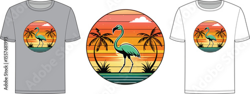 Vector art of a flamingo stands on a beach at sunset, featured on a gray and white tshirt design, a vector graphic