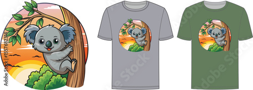 Vector art of adorable koala clinging to a tree branch at sunset, featured on a gray and olive green tshirt design