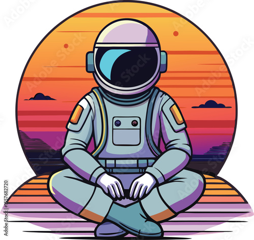 Vector art of a vector illustration shows a tranquil astronaut meditating on a platform overlooking a sunset ocean scene