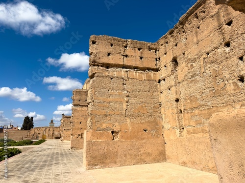 Ancient adobe walls in Marrakesh, Morocco.