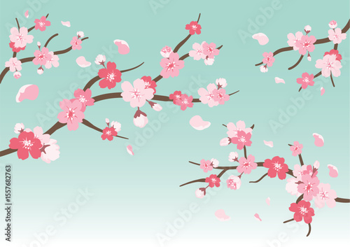 Cherry Blossom Branches: Delicate pink and white cherry blossoms gracefully sway on slender branches against a soft teal backdrop. Petals gently drift in the breeze.