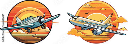 Vector art of two vector illustrations showcase a vintage propeller plane taking off and a modern jet in flight, both set against a warm sunset sky