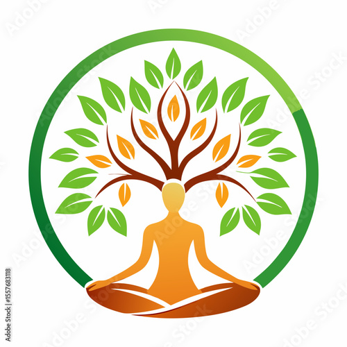 international yoga day concept : girl meditating with tree and with different color lines