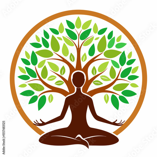 international yoga day concept : girl meditating with tree and with different color lines