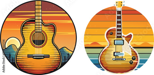 Vector art of two guitars are shown against a vibrant sunset backdrop, creating a nostalgic and artistic vector image