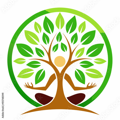 international yoga day concept : girl meditating with tree and with different color lines