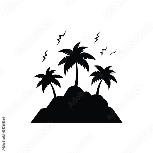 Vector art of tropical island with palm trees silhouette and lightning isolated on white