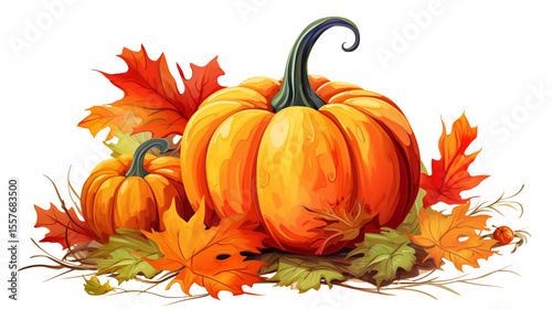 A still life of pumpkins and autumn leaves in vibrant colors against a transparent background art style