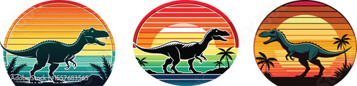 Vector art of three retro silhouettes of dinosaurs are set against vibrant sunset backgrounds