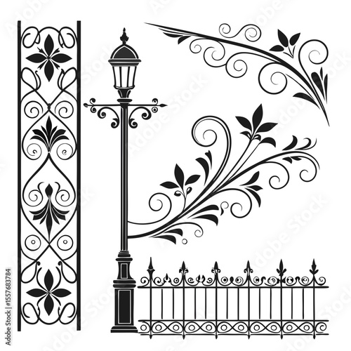 Elegant antique wrought iron gate and fence design with ornate floral scrollwork and vintage golden metal borders