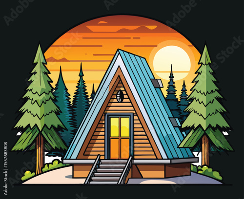 Vector art of a charming aframe cabin with a blue roof is nestled in a lush forest at sunset
