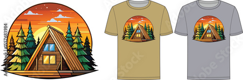 Vector art of a cozy aframe cabin nestled in a lush forest at sunset, featured on a stylish tshirt design