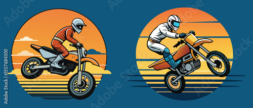 Vector art of two motocross riders soar through the air at sunset in a dynamic vector illustration