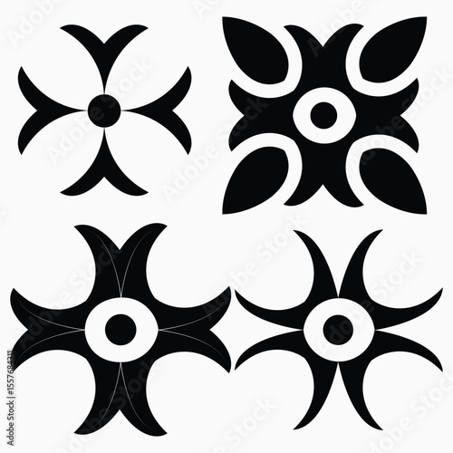 Abstract Tribal Flower Symbols 4 Set Bold Black Vector Ornament Icons