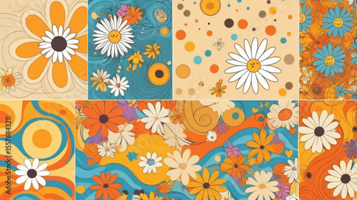 Groovy seamless patterns with funny happy daisy, wave, chess, mesh, rainbow. Set of vector backgrounds in trendy retro trippy style. Hippie 60s, 70s style. Yellow, orange, beige colors
