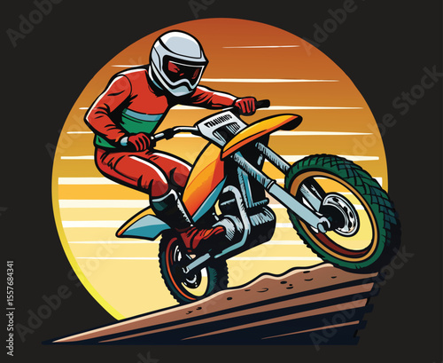Vector art of a skilled motocross rider conquers a challenging hill at sunset