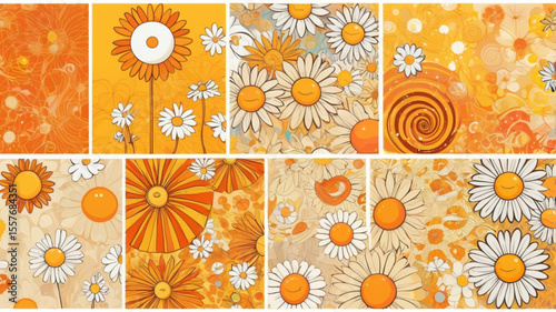 Groovy seamless patterns with funny happy daisy, wave, chess, mesh, rainbow. Set of vector backgrounds in trendy retro trippy style. Hippie 60s, 70s style. Yellow, orange, beige colors
