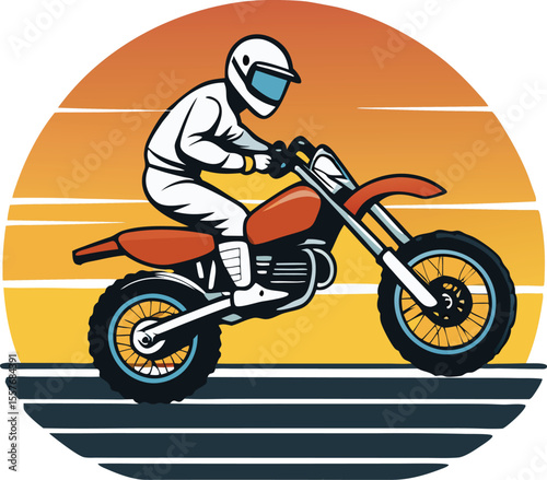 Vector art of a motocross rider speeds along a track at sunset in a retrostyle vector illustration