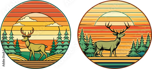 Vector art of two majestic deer stand in a tranquil forest at sunset, a vector illustration
