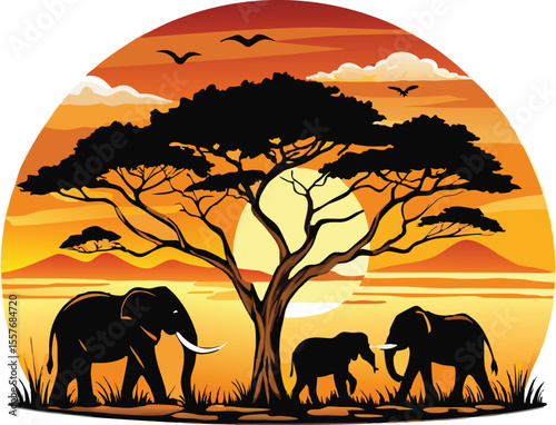 Vector art of silhouetted elephant family at sunset in the african savanna, under a large acacia tree
