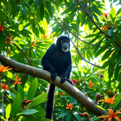It features an eye-catching black monkey sitting on a tree branch.