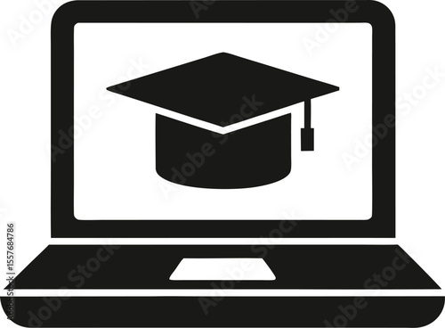 Laptop with graduation cap icon silhouette on a white background