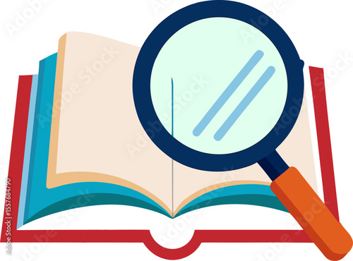 Magnifying glass over an open book on a white background