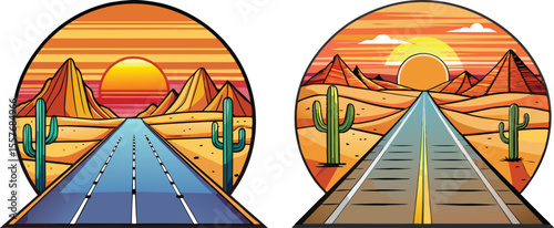Vector art of a long road through the desert at sunset, with mountains in the background