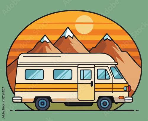 Vector art of a classic rv is shown driving towards a majestic mountain range at sunset
