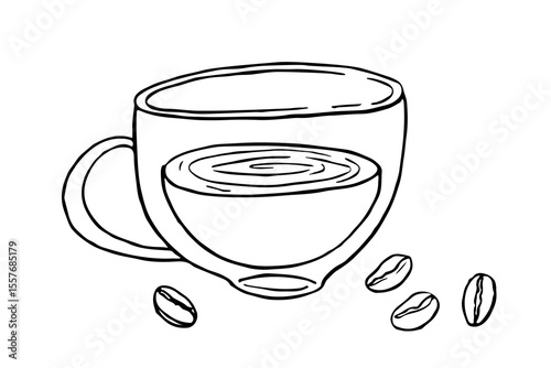 Hot drink cup sketch with coffee beans, Cup of coffee and coffee bean Vector isolated, black-white sign. Fragrant steamed drink. Drinks Advertising for cafe menu, party decor, beverage template