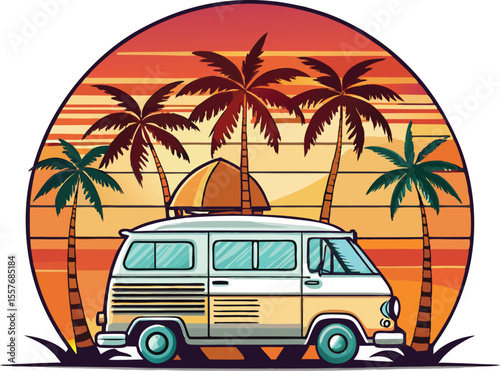Vector art of a retro camper van parked on a tropical beach at sunset