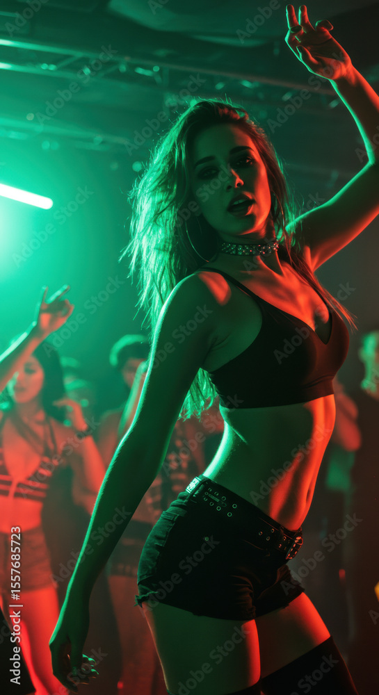 Naklejka premium Energetic woman dancing and singing along at a music festival or nightclub party. Capturing the joy and freedom of nightlife with vibrant green and orange lights