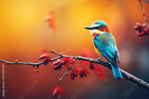 Small colorful bird perched on a thin branch with red leaves during a beautiful fall sunset