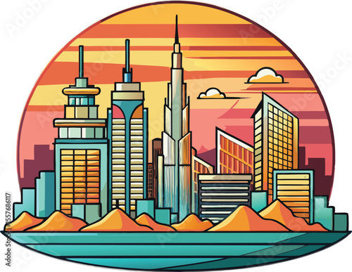 Vector art of a vibrant vector illustration of a modern city skyline at sunset, overlooking a sandy desert landscape