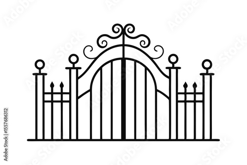 Elegant Garden Fence Gate Outline Design on White Background