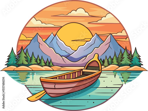 Vector art of a wooden boat floats serenely on a calm lake at sunset with majestic mountains in the background