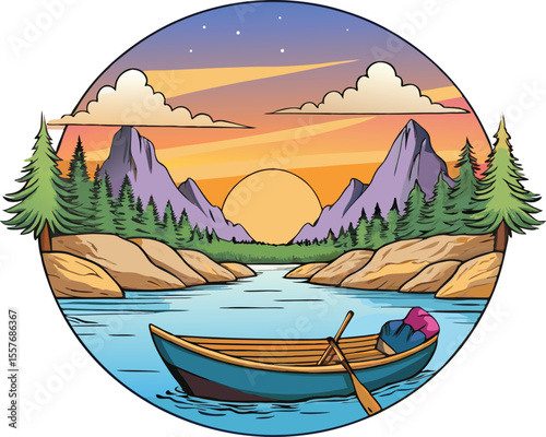 Vector art of a small boat rests on a tranquil lake at sunset, surrounded by majestic mountains and lush forests