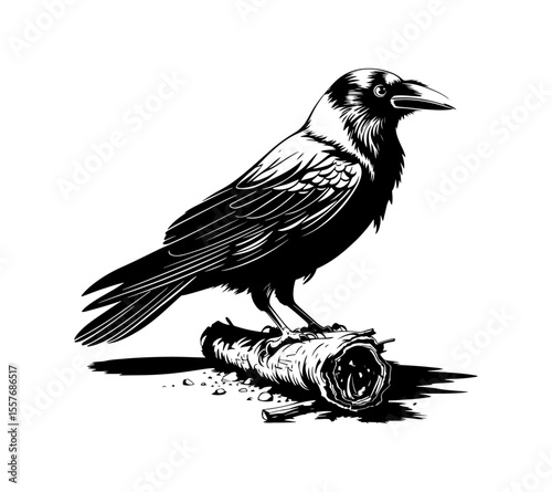 Majestic Crow Perched on a Branch: Black and White Illustration