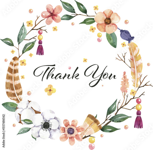 Bohemian Floral Thank You: Delicate watercolor flowers and feathers frame the warm expression of gratitude in a visually rich, bohemian-style design.