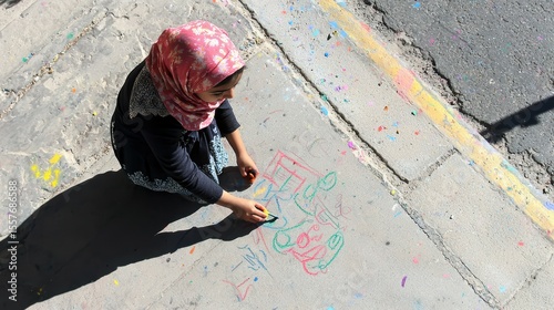 Young Girl Wearing Pink Headscarf Drawing on Sidewalk with Colored Chalk