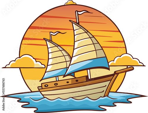 Vector art of a charming cartoon sailboat glides on calm ocean waves at sunset, isolated on white background