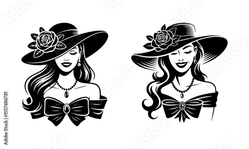Black and White Illustrations of Two Glamorous Women Wearing Wide-Brimmed Hats Adorned with Roses