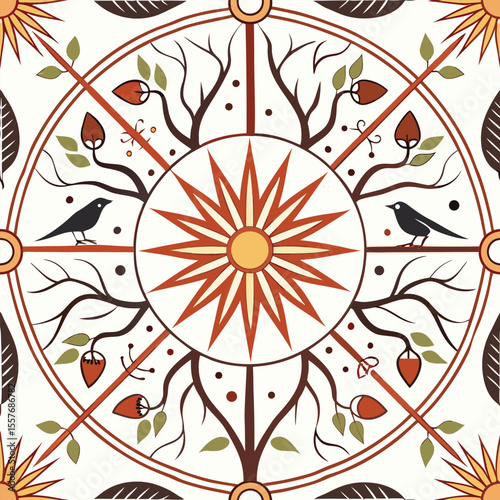 Create a mandala that reflects the connection between the sun and the earth. Begin with a radiant sunburst at the center, expanding into rings of soil layers, plant roots, flowers, fruits, and sky 